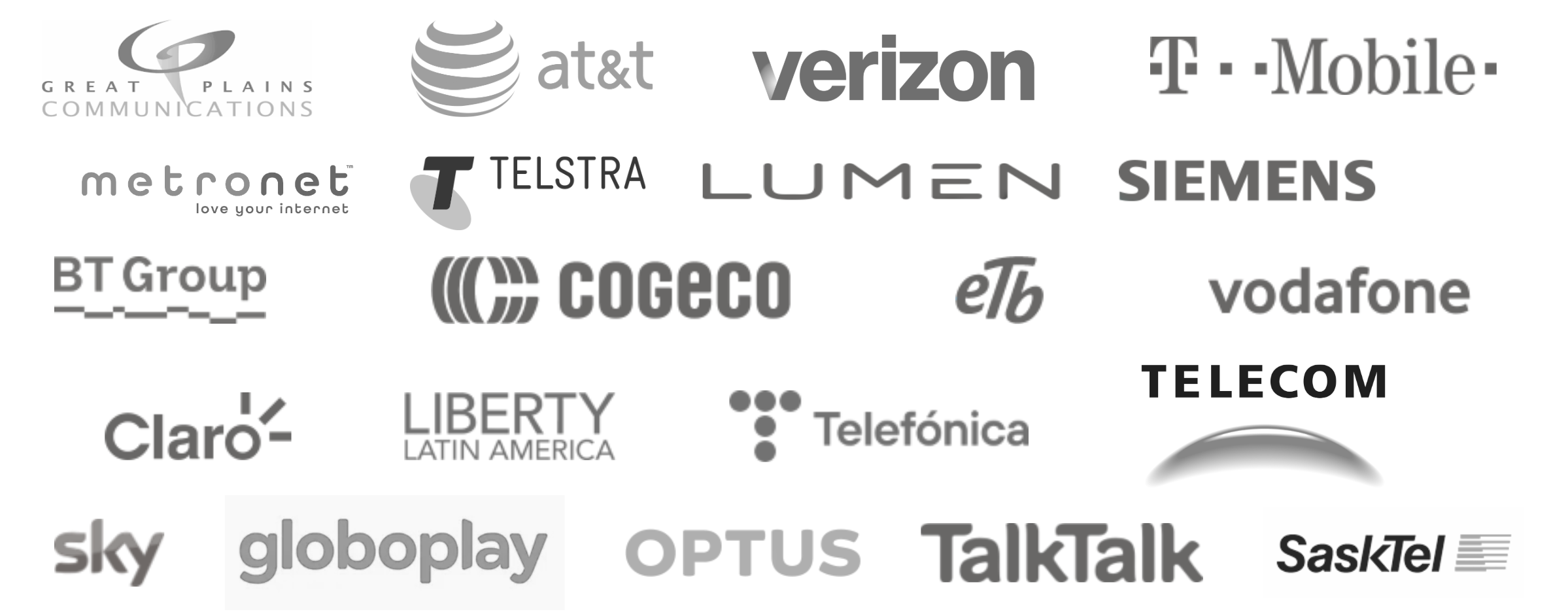 Telco Logos , GPC, at&t,Verizon,TMobile,metronet,Telstra,Lumen,Siemens,BTGroup,Cogeco,ETB,Vodafone,Claro,Liberty Latin America,Telefónica,Telecom,Sky,Globoplay,OPTUS,TalkTalk,Sasktel